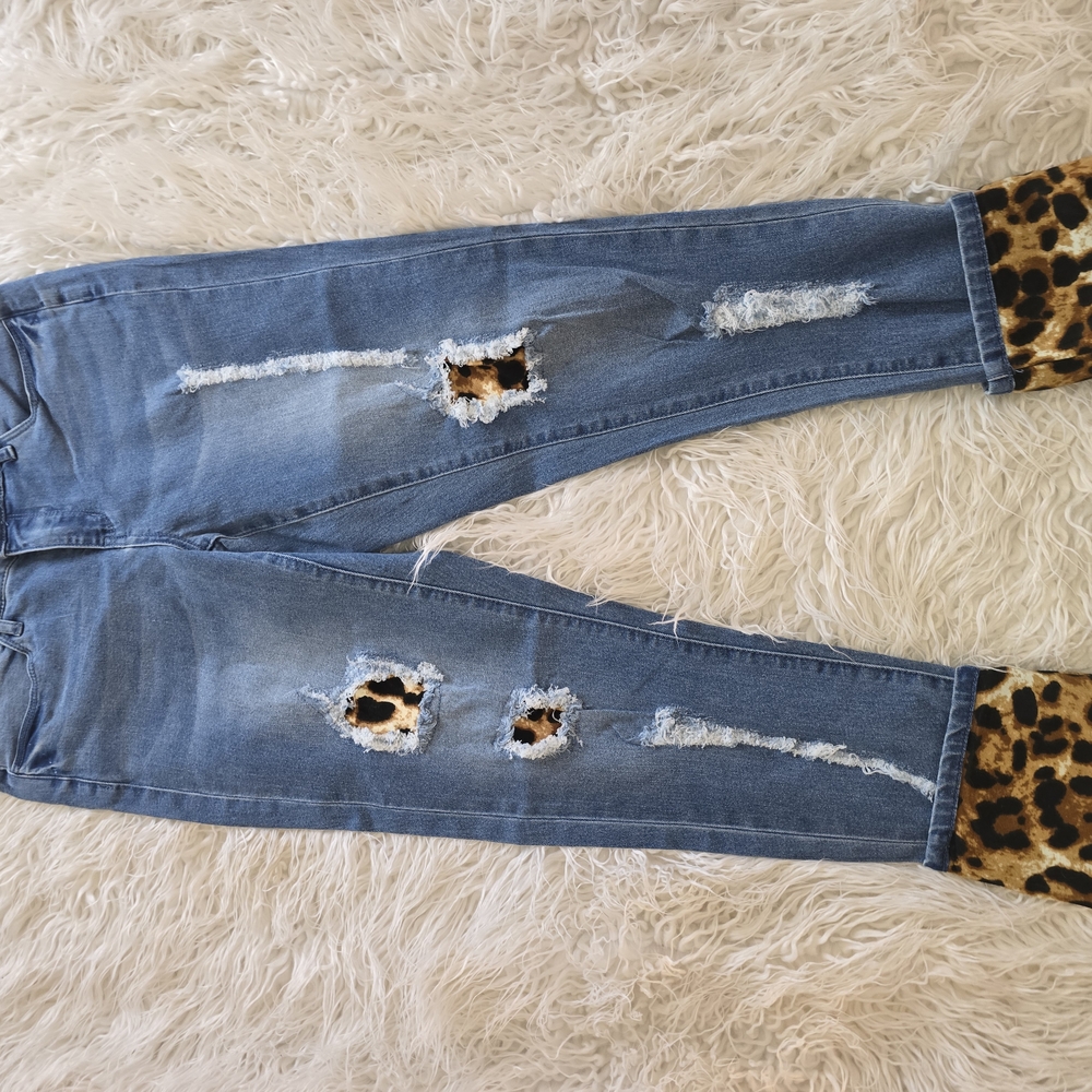 VENUS Blue and Brown Boyfriend Jeans with Distressed Leopard Accents